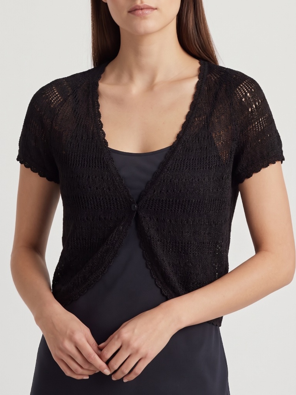 Lauren Ralph Lauren Petite Black Linen Blend Open Knit Cardigan Shrug PM